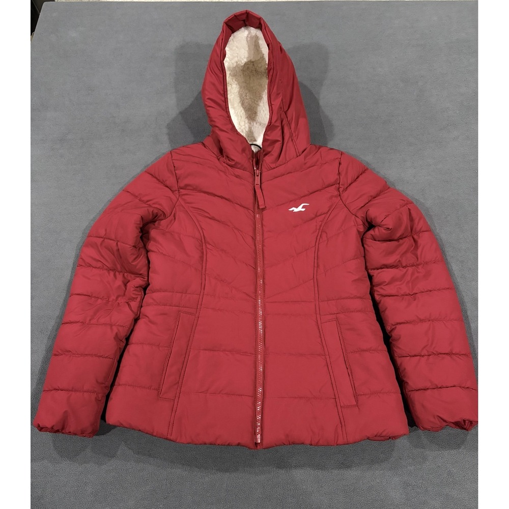 Hollister California Puffer Jacket Womens Small Red Sherpa Lined Hooded Full Zip